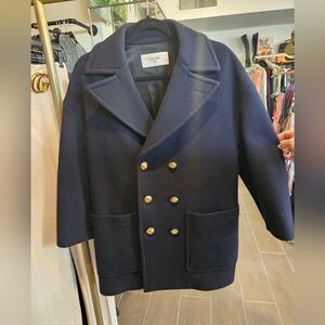 Céline Celine Double-Breasted Pea Coat in Navy Blue Wool